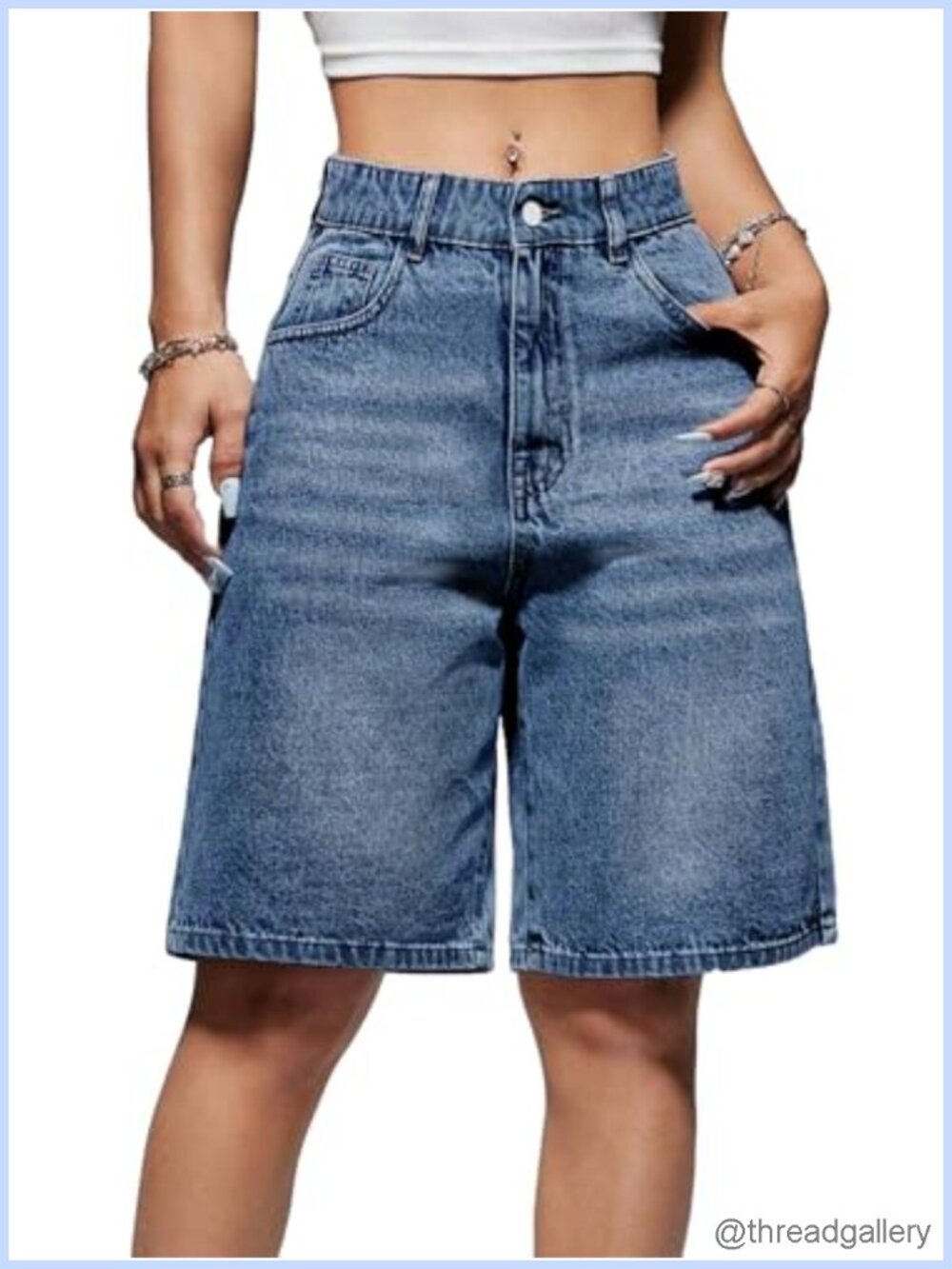 Women High Waisted Wide Leg Denim Bermuda Shorts Jorts